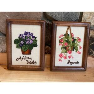 2 Vintage Framed 1979 Hand Stitched Floral Art.Violets & Begonias Signed on back